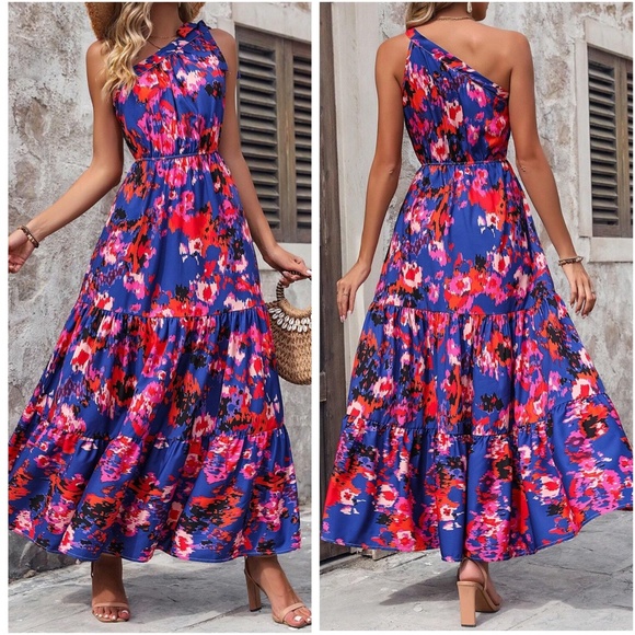 Boho Floral Print One Shoulder Ruffle Maxi Dress - Picture 5 of 6